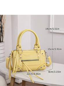 1pc Fashionable Coffee Color Patchwork Rivet, Embedded Metal Rivet, Embedded Dual Handle Adjustable Long Shoulder Strap Design, Fashionable Retro Sweet Cool Style Motorcycle Bag, Women's Handbag, Casual Low-Key Luxury Style, Women's Crossbody Bag, Suitable For Daily Outings And Shopping - Yellow - View 8