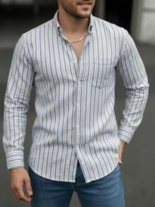 Camisa casual para hombre estilo business con diseño de rayas tela fácil de cuidar holgada cuello en punta manga larga para primavera otoño uso oficina - Azul claro - Ver 3
