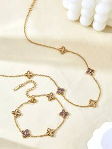 TONSI 1 Set Elegant Charming Korean Luxury Minimalist Stainless Steel 18K Gold Plated Artificial Zirconia Four-Leaf Clover Flower Diamond Jewelry Set, Suitable For Beach, Holiday, Travel, Work, Daily Party Wear For Women - Multicolor - View 6
