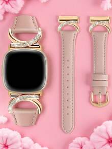 Women's Leather Watch Band For Fitbit Versa 4/Versa 3/Sense 2/Sense - Diamond C-Shaped Gold Buckle Design - Comfortable Sweat-Proof Slim Strap - Stylish Fashionable Multiple Colors - Fits 5.5-8.3 Inch Wrists,Perfect For Business/Dates/Weddings/Parties/Daily Wear - Ideal Women's Gift Premium Replacement Band Accessories - Pink+Rose Gold - View 2