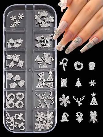 1 caja/12 rejillas Copo de nieve plateado Cuerno de ciervo Árbol de Navidad Sombrero de Navidad Regalo Guantes Nudo de Navidad Campana de aleación Joyería de uñas Decoración de uñas de invierno Navidad DIY Salón Uñas Gemas de arte de uñas