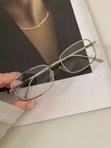 1副复古小框Y2K银色镜框眼镜，男女通用金属全框装饰眼镜