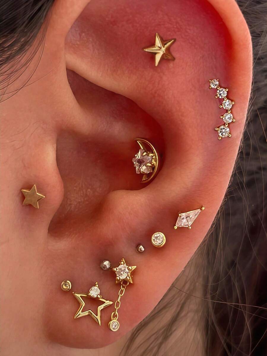 11件套优雅立方氧化锆星形耳钉套装，多层耳钉，适合女性日常、约会、派对佩戴 - 金黃色 - 查看 1