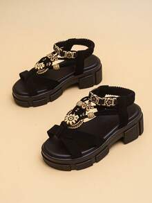 2026新款时尚凉鞋，雕花金属装饰，厚实机械鞋底，弹性踝带，防滑耐磨，波西米亚工业风凉鞋，街头时尚，艺术区，复古市集，夏季个性穿搭！ - 黑色 - 查看 2