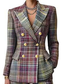 格子亮面方格前扣口袋双排扣休闲/家居服 - 玫紅色 - 查看 5