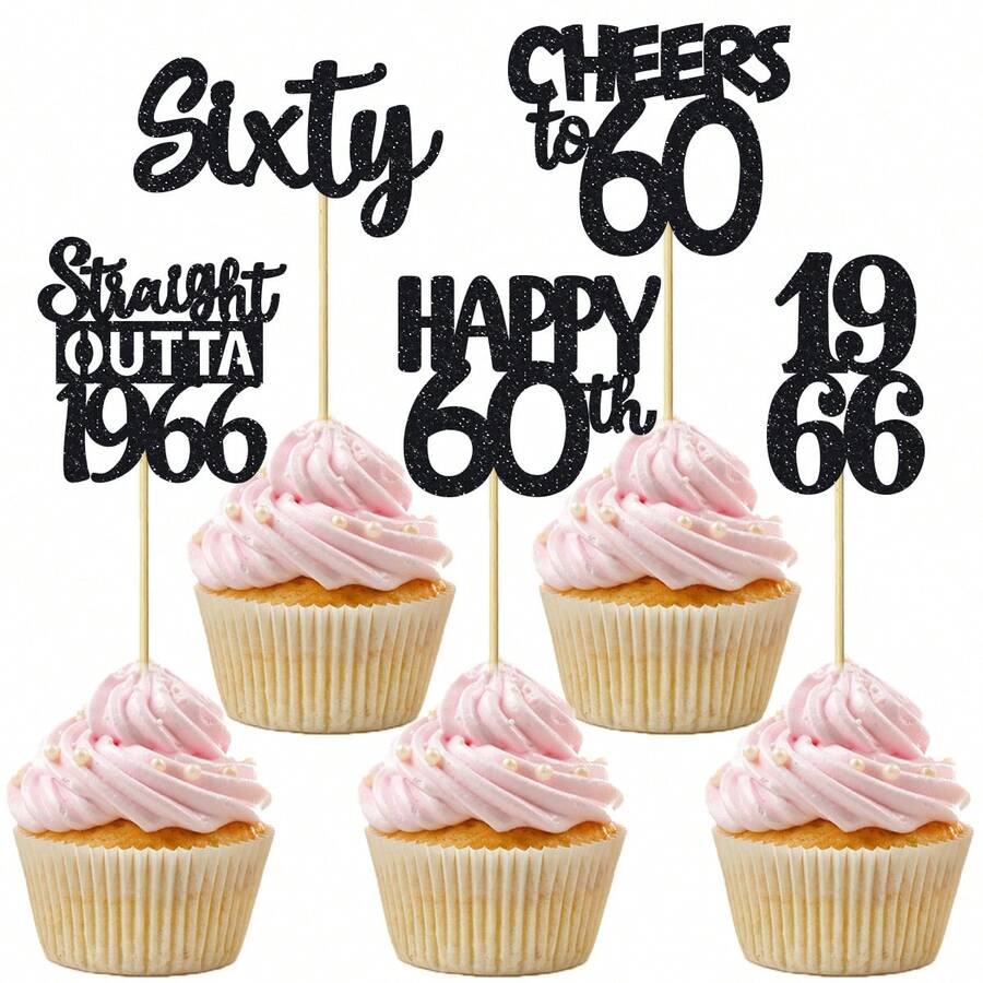 10/20pcs Black 60th Birthday Cupcake Toppers - Shiny "Happy 60th, From 1966" Cupcake Toppers, Suitable For 60th Wedding Anniversary Party Decorations, Highly Rated For Its Cute Design - Multicolor - View 1