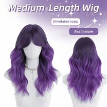 20英寸中长紫色卷发假发，女士齐肩波浪卷发，带刘海，天然合成耐热纤维假发，适合女孩日常派对佩戴 - 紫色 - 查看 12