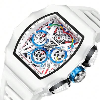  ONOLA Brand Men's Quartz Chronograph Watch, Barrel-Shaped Dial, Sports Waterproof Wristwatch, White Silicone Strap, Auto Date Function