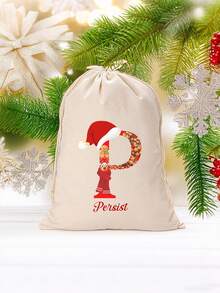 1 Piece. Customizable Gingerbread Santa Canvas Bag With Initials - Large Capacity, Lightweight Christmas Gift Bag With Drawstring And Rope Handle - Perfect For Parties And Holiday Decorations, Christmas Ornaments, Travel Essentials, Christmas Gifts, Christmas, Valentine's Day. - Beige - View 7