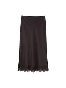 Women Fashion Lace Splicing Skirt Satin Split Hem Midi Skirts Woman Chic Elegant Party Lady Sexy Skirt - Chocolate Brown - View 9
