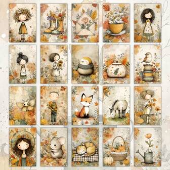 20张复古秋季邮票明信片 - 10x14.5厘米，经典女士插画，可收藏的装饰邮票，适合剪贴簿和手工制作，以可爱女孩和鲜花、秋叶和南瓜为主题，是周年纪念礼物的理想之选。
