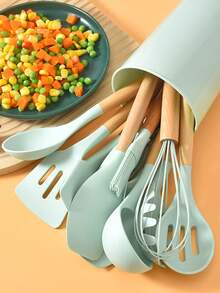 12-Piece Kitchen Cooking Utensils Set With Holder, Silicone Kitchen Tools Include Spatula Tong Slotted Spoon Turner Whisk Brush, Wooden Handle Kitchen Gadgets For Nonstick Cookware, Silicone Cooking Utensils Set 446°F Heat Resistant