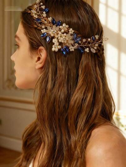 1pc Women's Handmade Green Glass Rhinestone Long Hair Comb Headpiece For Bride Wedding Party Elegant