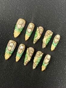 10 Pieces Of Handcrafted Nail Embossing 33mm Stiletto Nails French Gradient Rhinestone Multi-Color 3D Carving Technology Multi-Color Decoration Multi-Purpose Suitable For Women To Wear Available In Three Sizes Suitable For Various Occasions, Parties, Dances, And Daily Wear - Multicolor - View 2