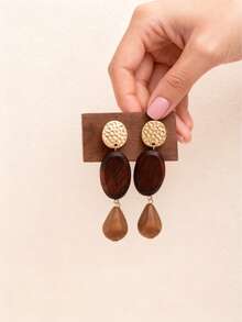 1对波西米亚风金色纹理木质细节水滴耳环，适合女性日常佩戴和送礼。 - 彩色 - 查看 2