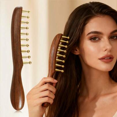 1pc Wide-Tooth Comb, Brass Material Long Handle Large Round Teeth Scalp Massage Brush, Suitable For Curly & Straight Hair Styling, Body Massage Tool