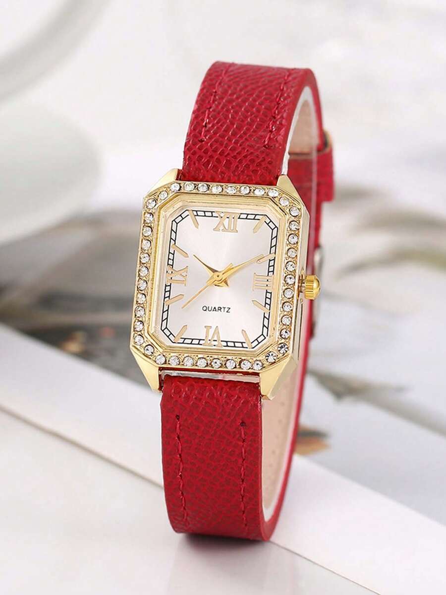 1 pieza Reloj de mujer minimalista con esfera rectangular de números romanos, correa de bambú, adecuado para combinar a diario, regalo de cumpleaños, aniversario, promoción de fin de año, Día del Soltero, promoción de Halloween y otros regalos festivos - Rojo - Ver 1