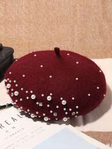 1pc Wine Red Beret Hat Y2k Style Faux Pearl Rhinestone Decor Outdoor Winter Warm Cold-Proof Beanie Suitable For Daily Commute - 酒紅色 - 查看 3