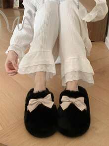 XIXITIAO 1 par de pantuflas con lazo de peluche para mujer, pantuflas de interior con suela suave, estilo hada con lazo holgado, zapatos de casa con suela gruesa y cálida para invierno - Negro - Ver 3