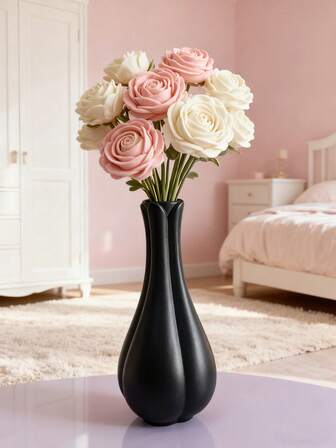 1pc Simple Black & White Textured Plastic Vase, Modern Style Flower Vase For Living Room, Bedroom, Desk Decor, Artificial/Real Flower Arrangement, Lightweight Luxury Floral Decor, Ideal For Home, Rental Apartment, Boutique Hotel Decoration