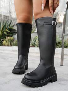 女士舒适低跟中筒靴，厚底圆头黑色真皮长靴，纯色骑马靴，侧拉链和搭扣设计，适合秋冬季节，可搭配裤装，适合派对和其他场合，大码尺码