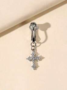 1pc Faux Belly Button Ring With Cross Zirconia Inlay, Non-Piercing Clip-On, Fashion Body Jewelry Gift For Women, Suitable For Any Occasion - Silver - View 7