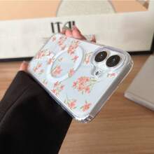 One Pack Of A Stylish Phone Case Featuring A Pink Floral Design, Designed To Be Shockproof And Magnetic, Compatible With The For Iphone 17 Series Including Models 17, 17 Pro, 17 Pro Max, 17 Air, 16E, 16 Pro Max, 16 Pro, 16, 15, 14, 13, 12, And 11., Shockproof Cover, Magnetic Closure, Stylish Accessory, Uv Printed Design, Acrylic Phone Cover, Decorative Phone Shell, Gift For Her, Mobile Accessories - Clear - View 4