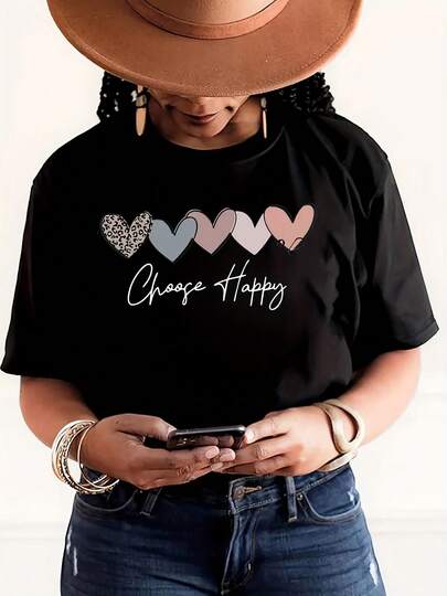 [On-Site Promotion] Women's Cotton T-Shirt With Colorful Heart Chain Letter Print, Round Neck, Straight Shoulders And Short Sleeves