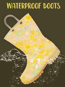 Giày đi mưa trẻ em, họa tiết hoa vàng, dễ vệ sinh, thích hợp cho các hoạt động ngoài trời, tiện lợi khi mang vào và tháo ra, giày đi mưa chống thấm nước cho trẻ em. - Màu vàng - Xem 6