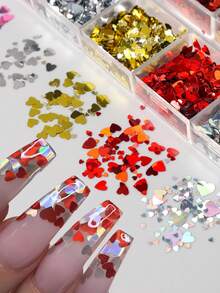 12片装闪亮迷你心形亮片美甲贴纸，红色、粉色、金色、银色，水晶闪片，3D全息激光闪光美甲装饰，混合尺寸，适合婚礼美甲 - 彩色 - 查看 4