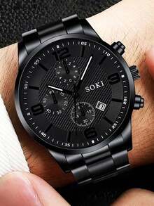 1 pièce Montre d'homme avec fonction calendrier, style industriel décontracté, cadran rond à quartz, convient pour un port quotidien, cadeau d'anniversaire, fête, rassemblement, cadeau idéal pour soi ou ses amis. Boîte de montre non incluse. - Noir - Voir 3