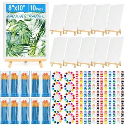 10 Pack 8*10in Canvas Boards For Painting Art Canvases With Easel For Drawing With 100Pcs Assorted Brushes Paint Trays 12-Color Acrylic Paint Mini Painting Canvas Set For Adults And Party