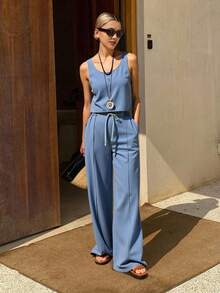 Livesso Western Style Seaside Holiday Casual Wear Retro Washed Women's Denim Vest Suit Y2k - Light Wash - View 3