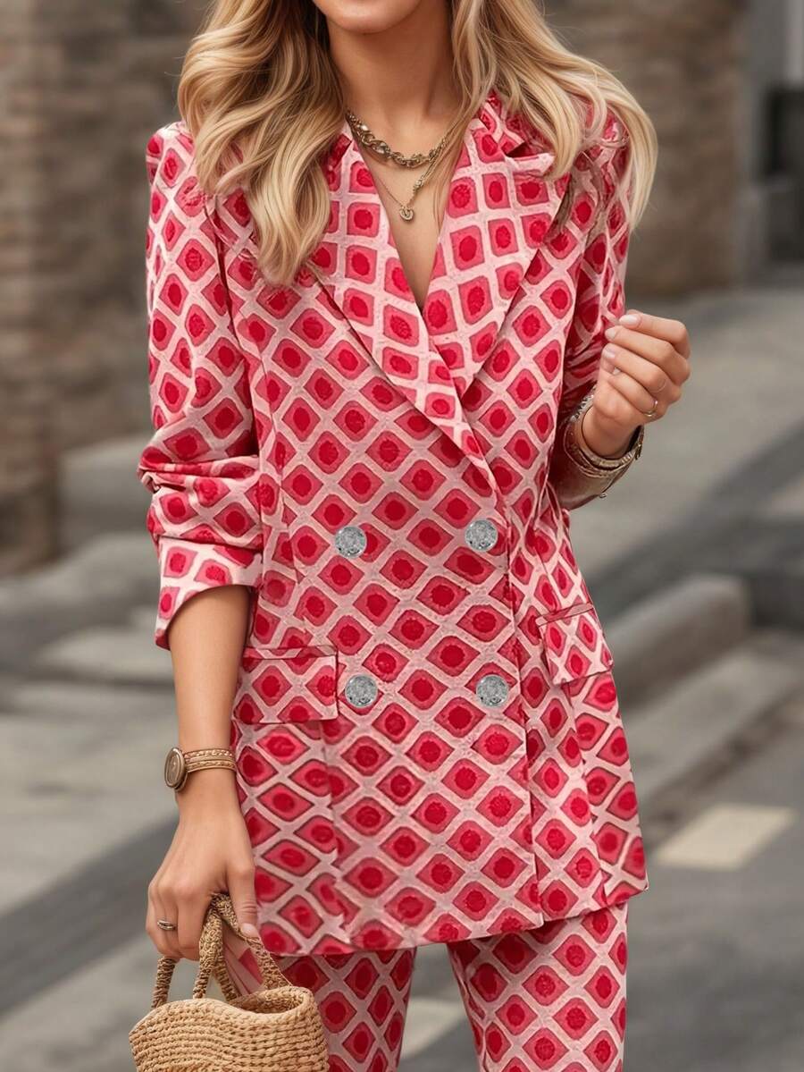 女士优雅情人节粉色双排扣翻领长袖西装外套，春秋季 - 粉色 - 查看 1