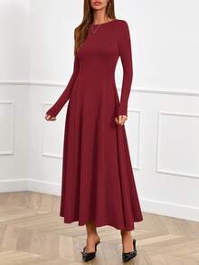Women Fall Dresses Boat Neck Long Sleeve High Waist A-Line Flowy Knit Party Maxi Dress Spring Autumn Evening Formal Wedding Party Valentine Long Dress Outfits - 酒紅色 - 查看 4