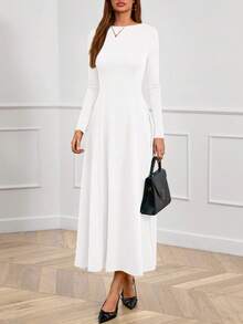 Women Fall Dresses Boat Neck Long Sleeve High Waist A-Line Flowy Knit Party Maxi Dress Spring Autumn Evening Formal Wedding Party Valentine Long Dress Outfits - 白色 - 查看 5