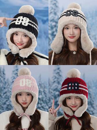 女士帽子，字母数字拼接毛绒护耳帽，时尚休闲百搭可爱保暖针织帽，适合秋冬季户外、运动、通勤等场合。