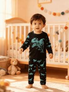 幼儿男孩卡通恐龙图案夜光长袖上衣和裤子睡衣套装（仅在紫外线下发光） - 藍色 - 查看 10