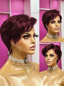 Lace Frontal Short Wig For Women Pixie Cut Wig Human Hair For Black Women 13x4x1 T Part Glueless Wigs For Daily Use Christmas Halloween Costumes Cosplay Party Wig Short Wig For Women Human Hair 99J Color Wig Short Wigs With Side Part Bangs