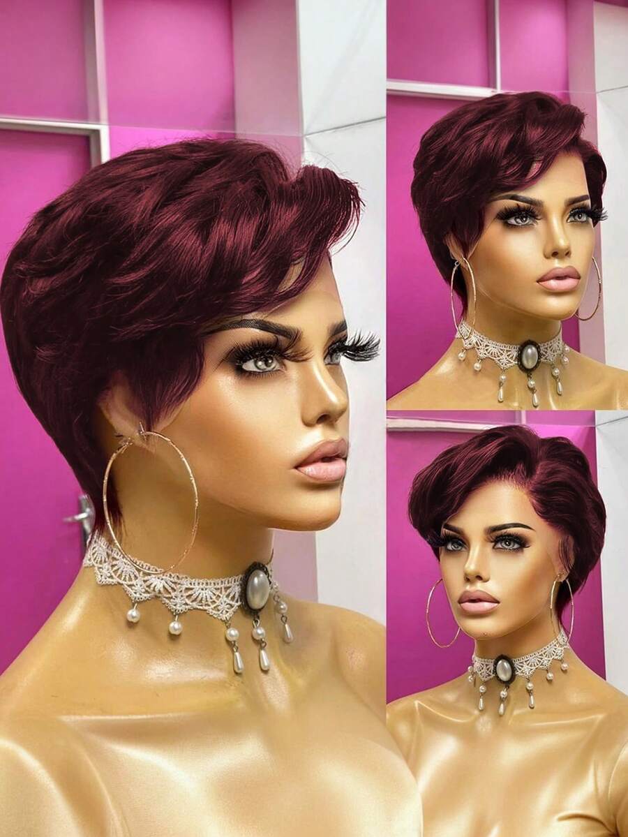 Lace Frontal Short Wig For Women Pixie Cut Wig Human Hair For Black Women 13x4x1 T Part Glueless Wigs For Daily Use Christmas Halloween Costumes Cosplay Party Wig Short Wig For Women Human Hair 99J Color Wig Short Wigs With Side Part Bangs