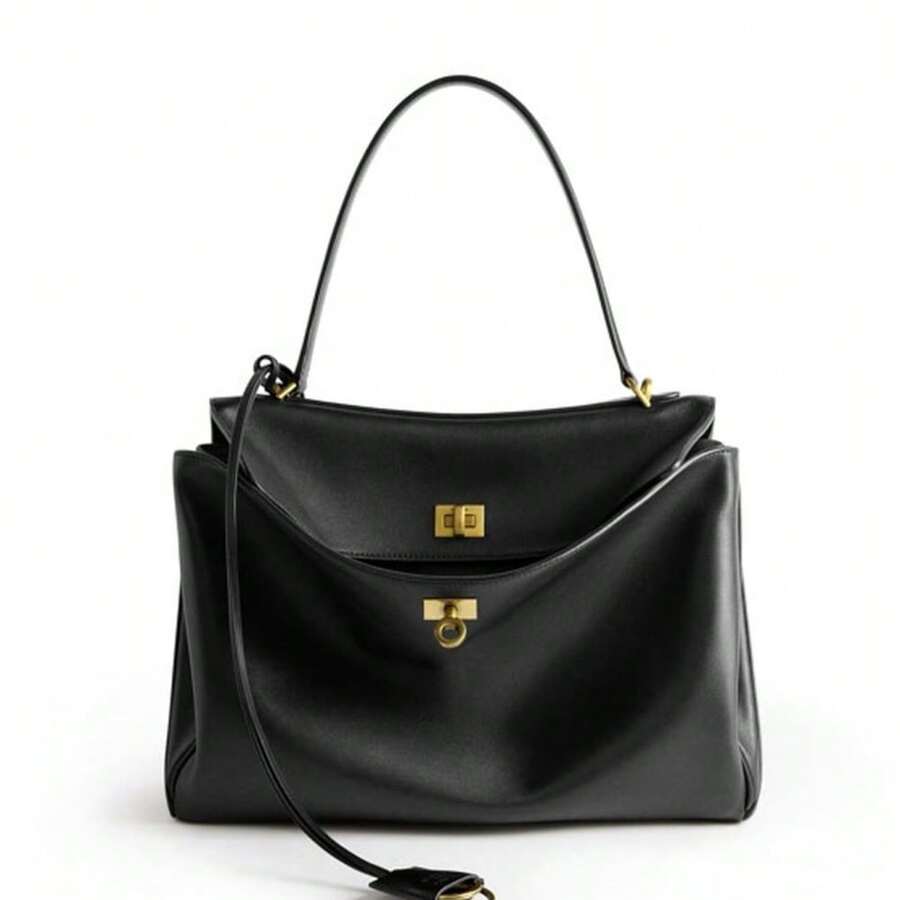 Autumn/Winter Textured Tote Bag, Women's High-End Large Capacity Shoulder Bag, Versatile For Commuting And Office Use - Black With Gold Buckle - View 1