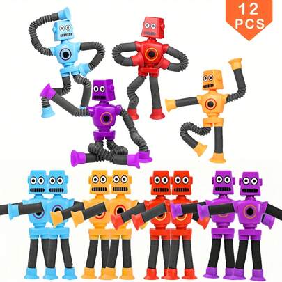 8pcs Expandable Suction Cup Robot Toys, Transformable Robot Telescopic Tube Cartoon Toys, Non-Electric Educational Creative Small Toys, Suction Cup Sensory Toys, Suitable For Halloween Decoration, Thanksgiving, Christmas Gifts
