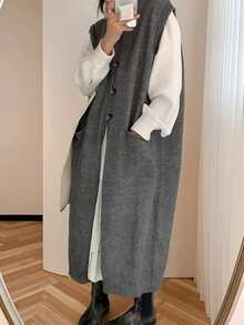 Alicedudu Áo len cardigan dài lấy cảm hứng từ nhà thiết kế dành cho nữ, Thu/Đông - Xám - Xem 1