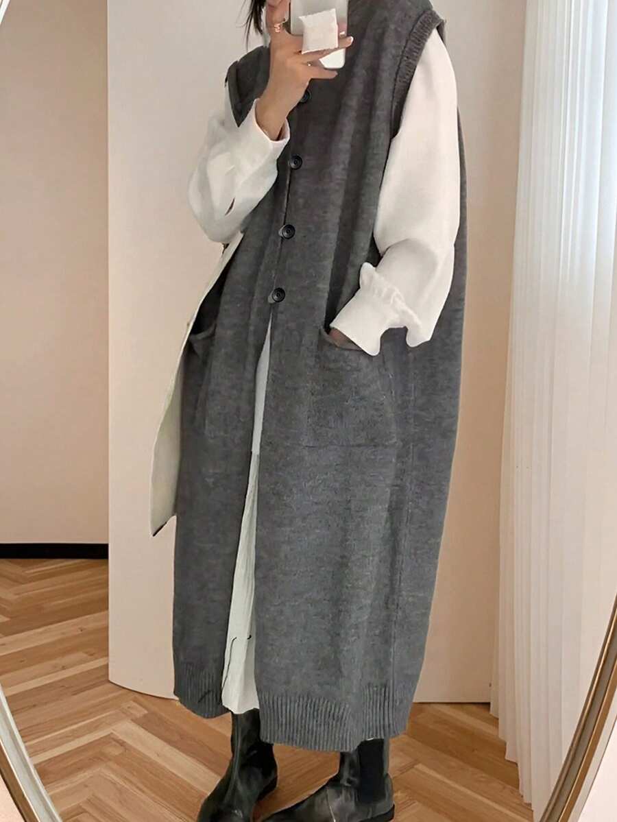 Alicedudu Áo len cardigan dài lấy cảm hứng từ nhà thiết kế dành cho nữ, Thu/Đông - Xám - Xem 1