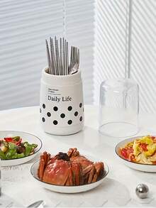 1 pieza Caja de almacenamiento de utensilios de cocina ajustable y a prueba de polvo con tapa - Soporte redondo para cubiertos, diseño moderno en negro y blanco, organizador vertical ahorra espacio, tapa transparente y capa interior negra - Estructura de plástico resistente, apta para cucharas, tenedores, cuchillos, palillos - Ideal para cocinas pequeñas, apartamentos, restaurantes - Incluye tornillos, fácil instalación, estante para cucharas, almacenamiento y organización de cocina, decoración y accesorios de cocina - Multicolor - Ver 7