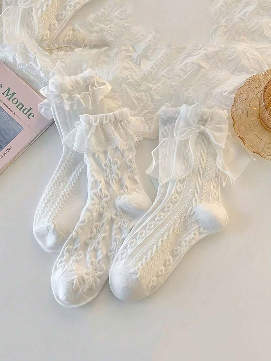 6 đôi tất hai lớp trang trí ren, tất nữ dài đến bắp chân dễ thương và mềm mại, quà tặng ngày Valentine. - Nhiều màu - Xem 1