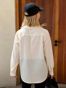 Livesso Blusa suelta de unicolor con cuello vuelto y pliegues para mujer, blanco, manga larga para primavera/verano/otoño - Blanco - Ver 5