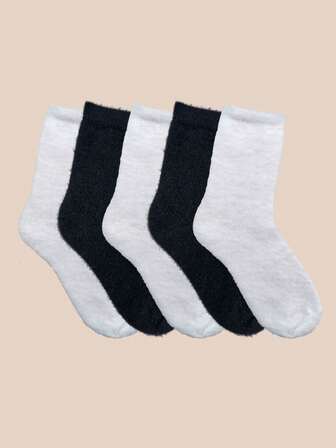 5 Pairs Mink Velvet Socks, Solid Black & White Mid-Calf, Thickened For Autumn/Winter