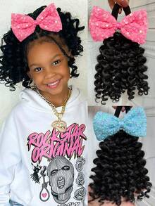 1 Peça Extensão de Cabelo Trançado com Laço Brilhante para Meninas, Acessórios de Cabelo, Varinha de Cachos para Crianças, 8 Polegadas - Preto - Visão 2
