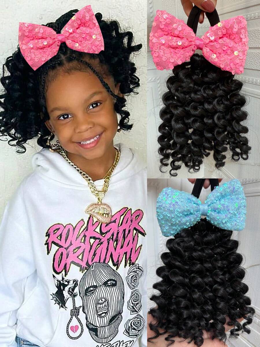 1 Peça Extensão de Cabelo Trançado com Laço Brilhante para Meninas, Acessórios de Cabelo, Varinha de Cachos para Crianças, 8 Polegadas